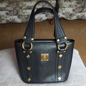 Black Leather Tote Bag with Gold Accents